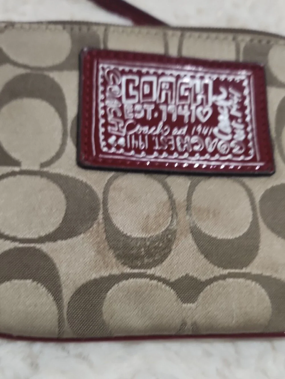 Coach Signature Canvas Wristlet with Burgundy Trim